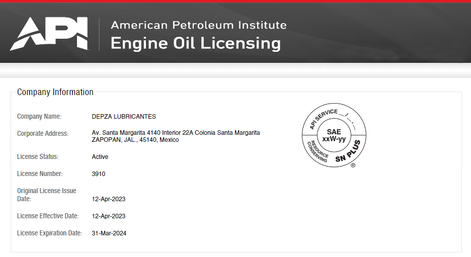 API Engine Oil License